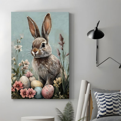 1pc Framed Canvas Wall Art Prints Poster, Easter bunny, colored eggs and flowers, realistic oil painting style Art Posters Canvas Print Painting for L