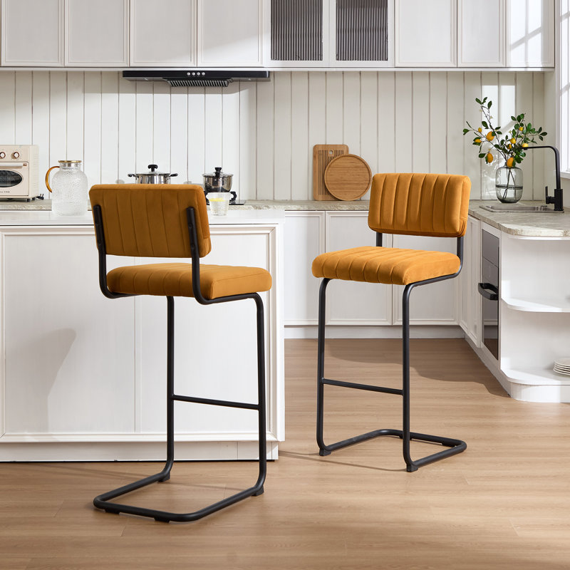 Ambrine Low Back Tufted Velvet Upholstered Counter/Bar Stool with Steel Sled Frame, Orange, Bar Stool (Seat Height: 30")