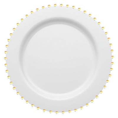 White with Gold Pearl String Round Disposable Plastic Dinner Plates (10") - 120 Plates
