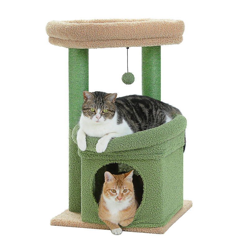 Arbre à chat, tour de chat en forme de cactus pour chats d'intérieur avec condo pour chat privé, poteaux à griffer en sisal naturel et pompon en peluche pour petits chats