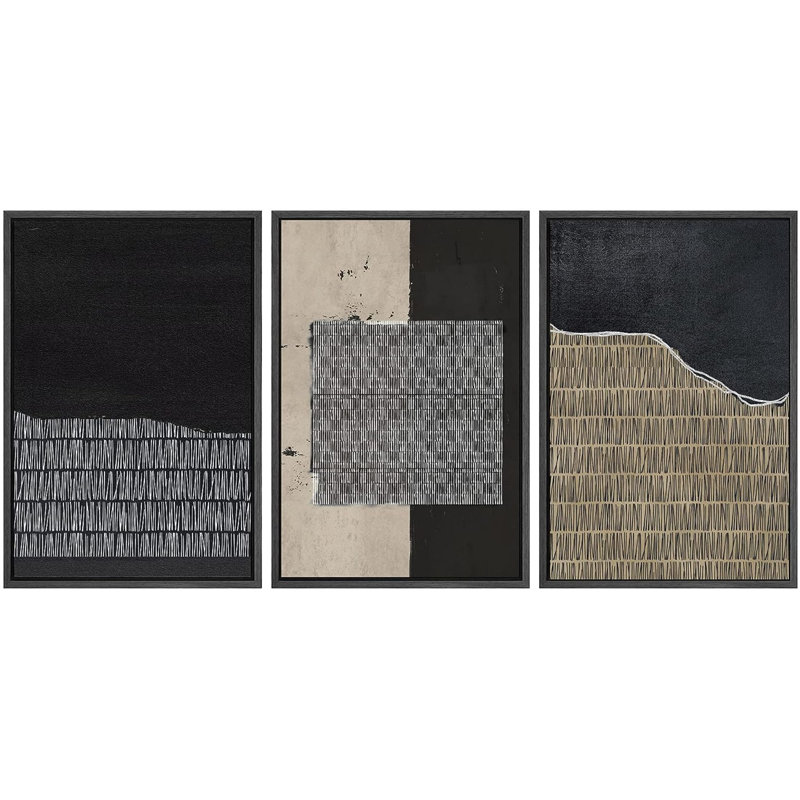 Geometric Line Black Grunge Polygon Line Pattern Abstract Shapes Drawings Framed On Canvas 3 Pieces Print, Black Framed