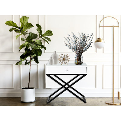 23" White Wooden Nightstand With Glass Top, Drawer, And Metal Cross Leg Base 23