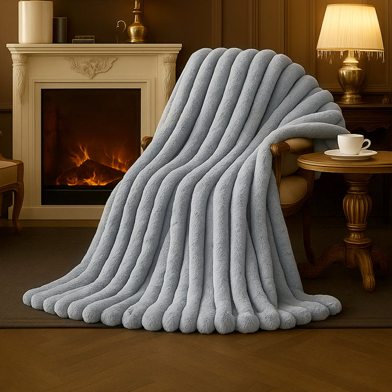 Jeté rayé en fausse fourrure, style douillet et douillet pour canapé et lit, L 70 po x l 55 po, Gris clair