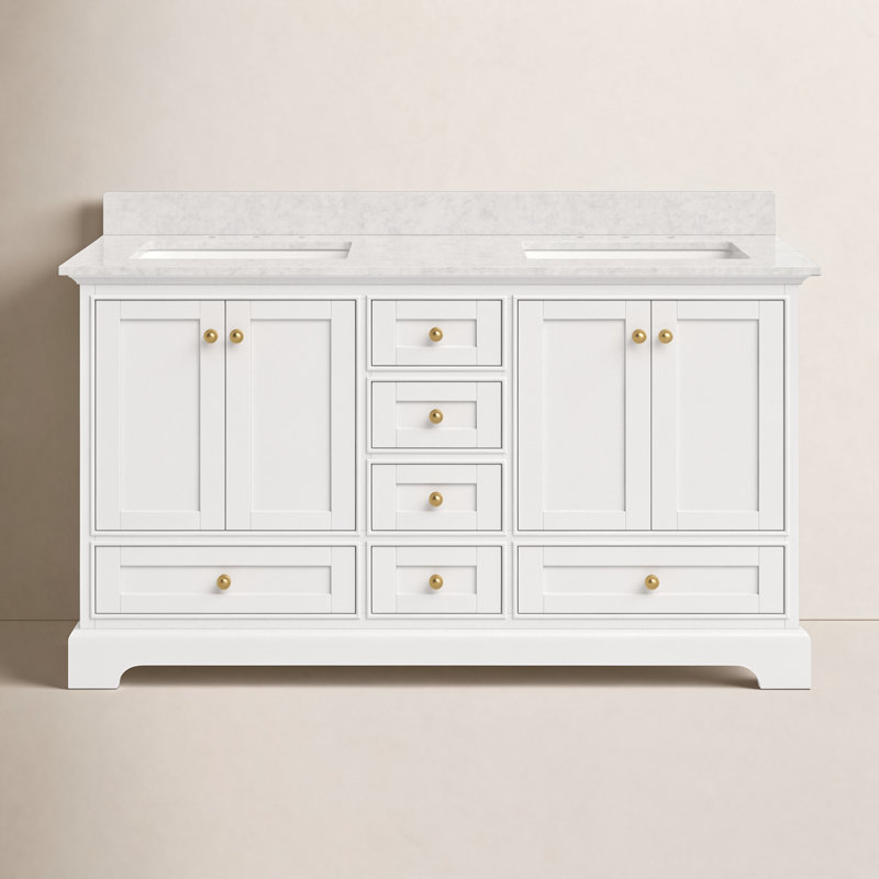 Varna 60'' Double Bathroom Vanity with Top, White/Brushed Nickel, Carrara White Marble