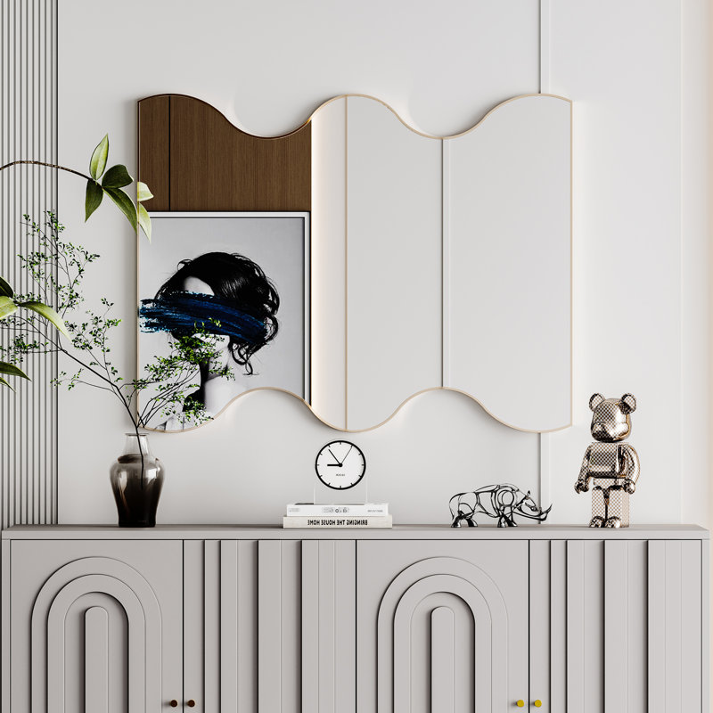 Miroir rectangulaire de 30 po x 35 po avec cadre en métal doré et côtés ondulés - S'habiller pour la salle de bain, la chambre à coucher, le mur du salon