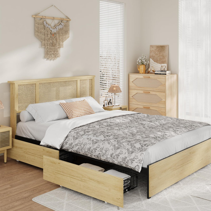 Bed Frame with Natural Rattan Headboard, Strong Wooden Slats, Sturdy Metal Platform, Bohemian Cane Mattress Support, No Box Spring Needed, Combining Style and Strength