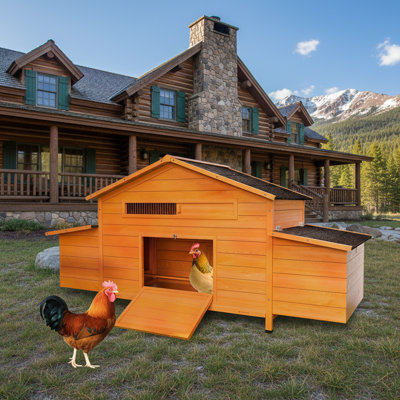 70" Wooden Chicken Coop with Nesting Box, Pull-Out Tray  & Waterproof Roof – Secure Backyard Poultry House, Brick Red