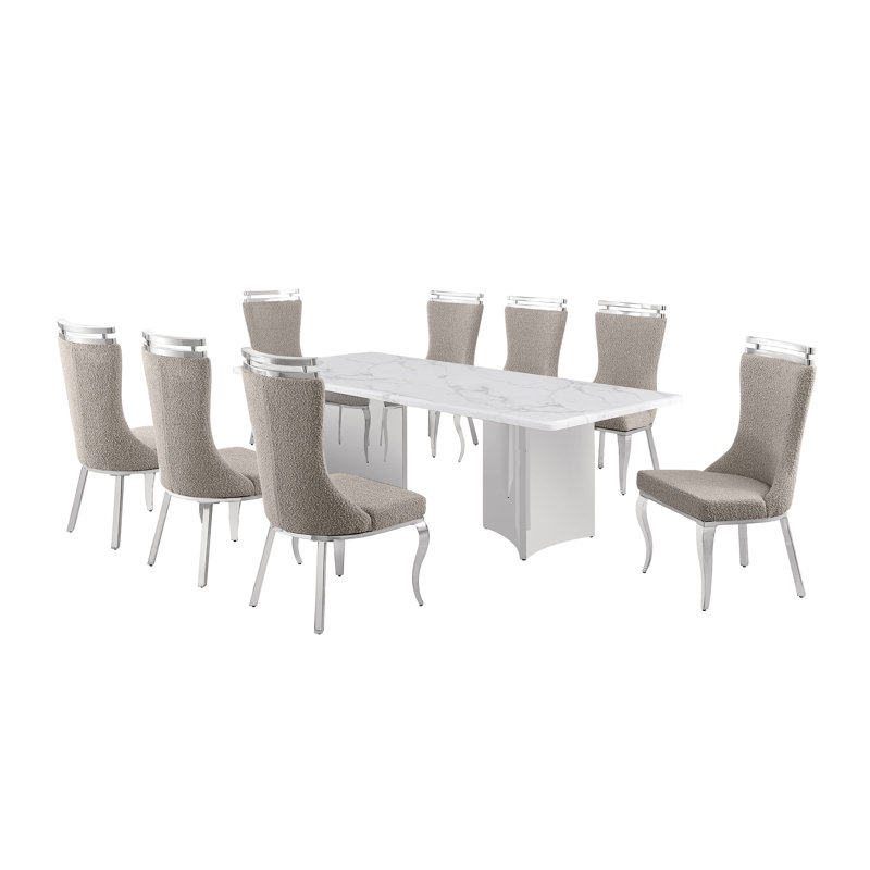 Ensemble de salle à manger en marbre blanc Grand avec chaises d'appoint en tissu Boucle, Gris, Argent argent