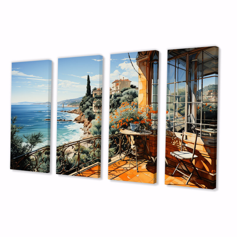 French Riviera Beach Reflections - Coastal Windows, art mural 4 pièces, H 32 po x l 64 po