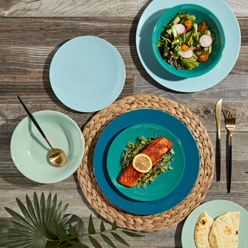 Tabletops Gallery Peacock 12 Piece Melamine Dinnerware Set, Blue/Light Green