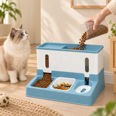 3-in-1 Automatic Pet Feeder with Water Dispenser – Gravity Food & Water Station with Snack Tray, Visible Window & Removable Bowls, for Small to Medium Cats & Dogs (13.8", Pink/Blue/Green)