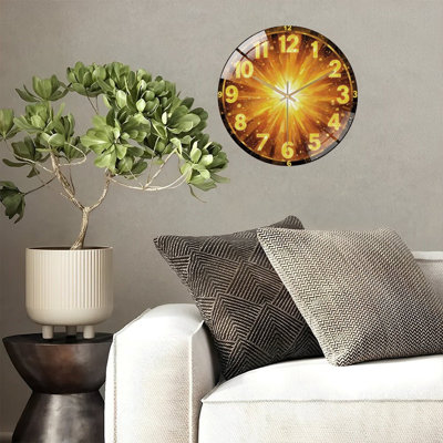 Golden Clock Face Starburst Light Art - 12'' Modern Glass Wall Clock