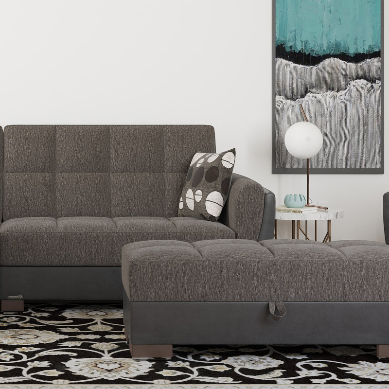 Clemmer Fabric Upholstered Ottoman with Storage, Gray/Black Chenille