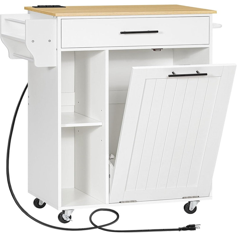 Îlot de cuisine roulant avec rangement pour poubelle, îlot de rangement sur roulettes avec prise de courant, îlot de cuisine mobile pour poubelle de 10 gallons, naturel et blanc