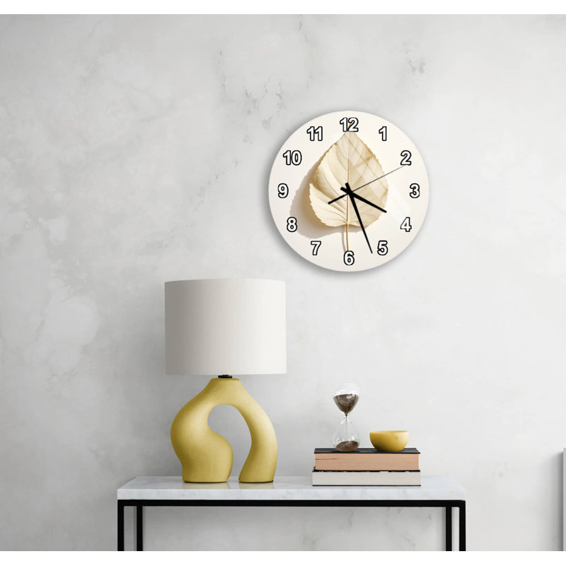 Tempered Glass Wall Clock with Leaf Design, Modern Minimalist Botanical Home Decor, Large Beige Circular Timepiece for Kitchen or Office