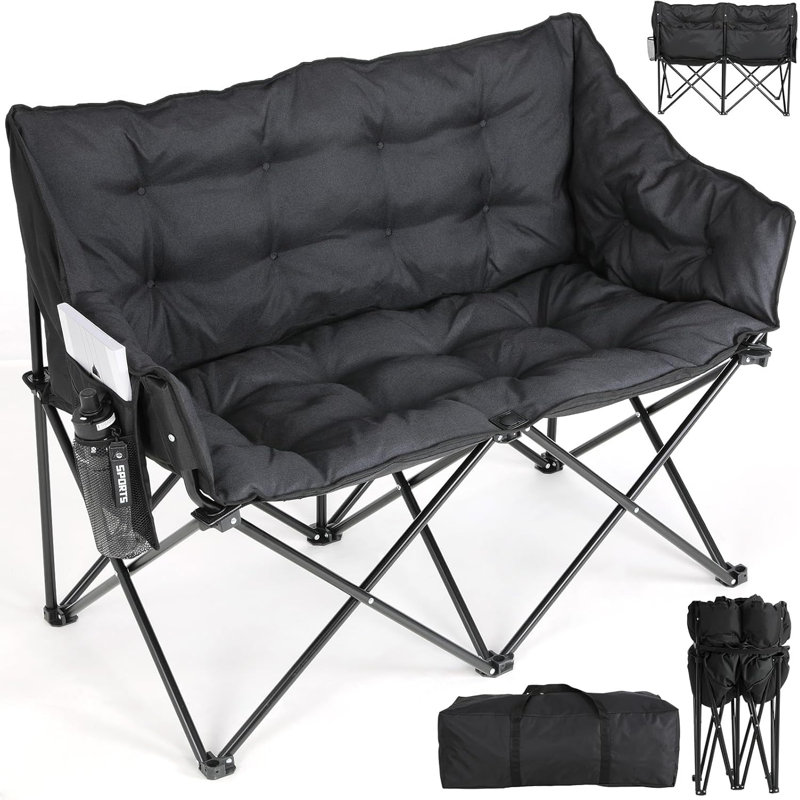 Quilted Double Folding Camping Chair, Black