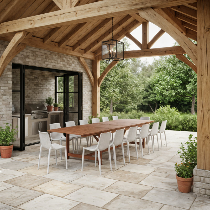 Ensemble de table de salle à manger extensible et chaises d'extérieur 15 pièces Wayland | Bois d'eucalyptus | Idéal pour le patio, la table brune et les chaises blanches