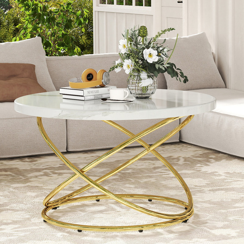 31.5" Round Coffee Table With Cross Metal Legs, White, Gold