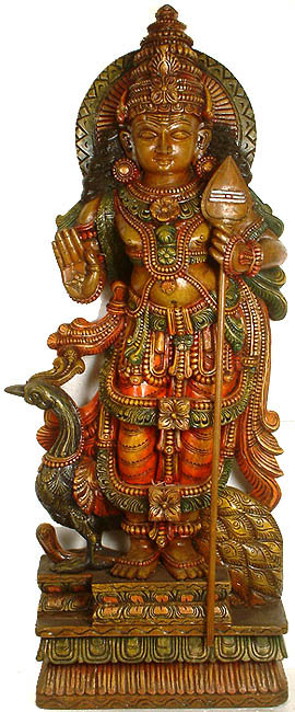 Hand-Carved Wood Karttikeya Statue, 49 in. Tall     Hindu War God Figurine for Home Temple & Meditation Room