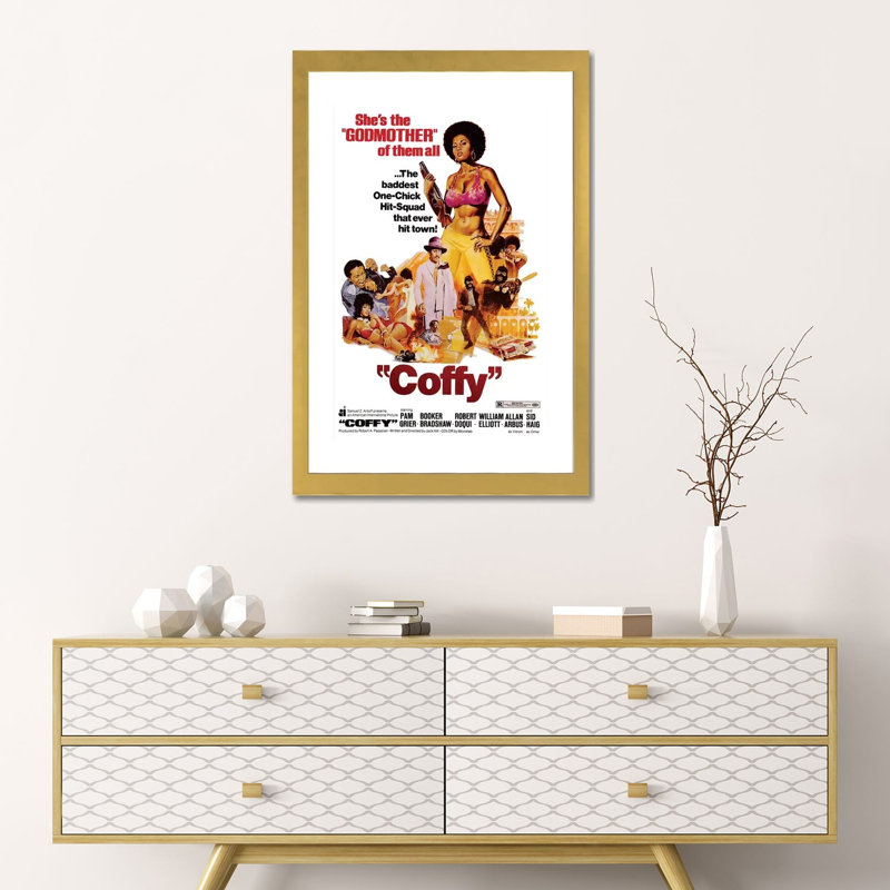 Coffy - publicité, H 24 po x l 16 po x P 1 po, Blanc, Papier encadré doré