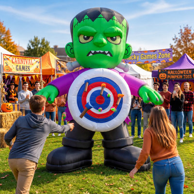 Wellcomer 10FT Inflatable Axe Throwing Game with Built-in Blower, Halloween Frankenstein Ball Toss Target Dart Board with 8 Soft Axes and 4 Balls for Carnivals, Parties & Events