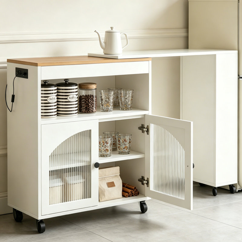 Chariot pour îlot de cuisine avec table étendue, armoire de rangement, 3 tablettes ouvertes latérales, table pour îlot de cuisine sur roulettes