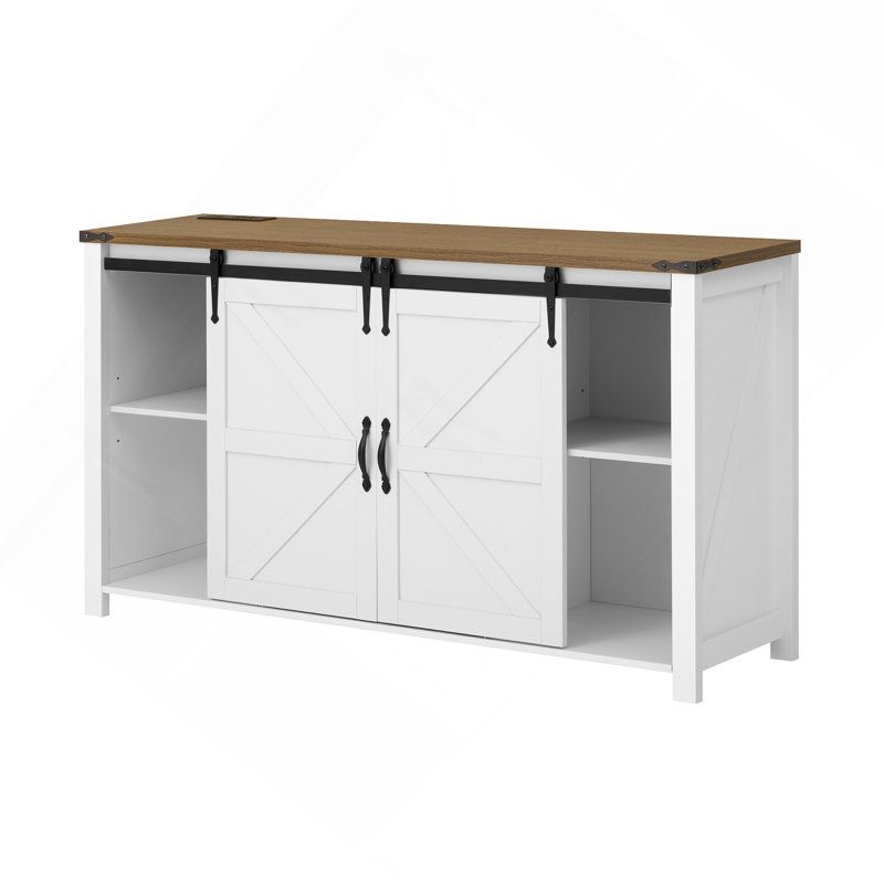 Table de buffet 55,1 pouces avec portes de grange coulissantes, 4 tiroirs et prise de courant encastrée Farmhouse, Blanc