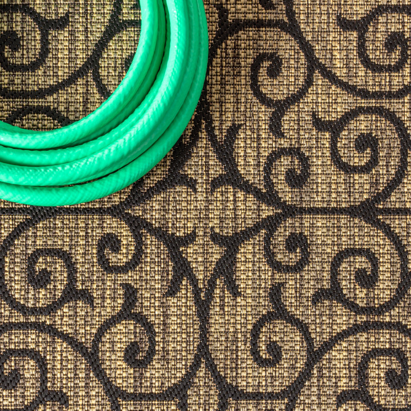 Haggerty Vintage Filigree Textured Weave Black/Khaki Indoor/Outdoor Rug, Rectangle 7'9" x 10'
