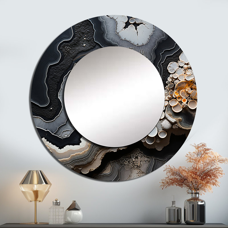 Gris gris Geode Minimalisme I - miroir décoratif en pierre spirituelle, miroir mural rond noir, impression d'art en métal