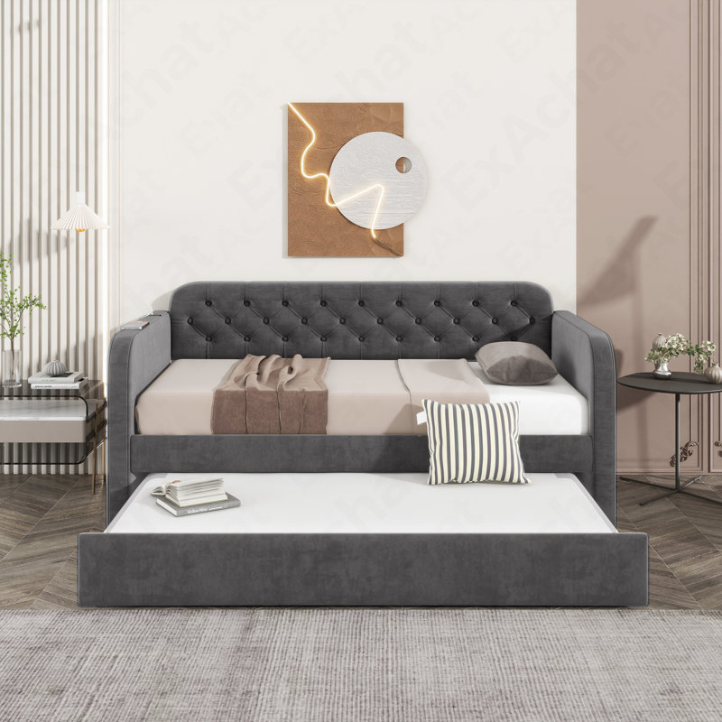 Twin Size Upholstered Daybed With Trundle And USB Charging Design, Velvet Upholstered Daybed Frame, Twin Sofa Bed For Living Room Bedroom, No Box Spring Needed,Plush Velvet Fabric Dark Grey
