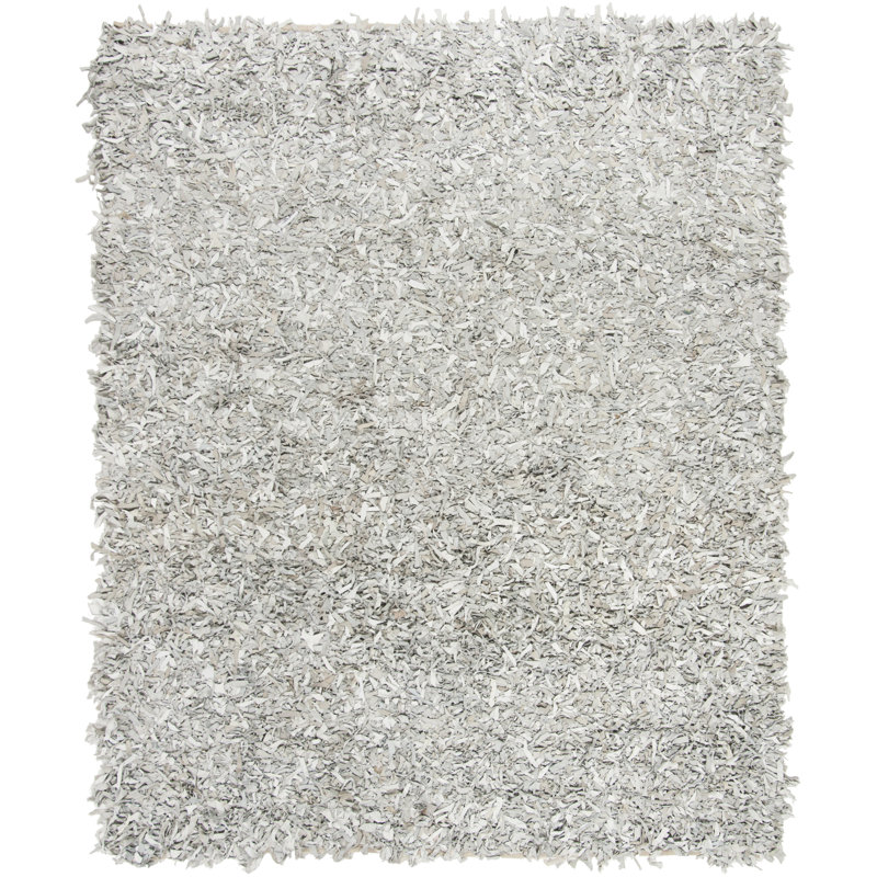 Arik Handwoven Leather/Cotton Solid Color Rug in White/Gray, Rectangle 8' x 10'