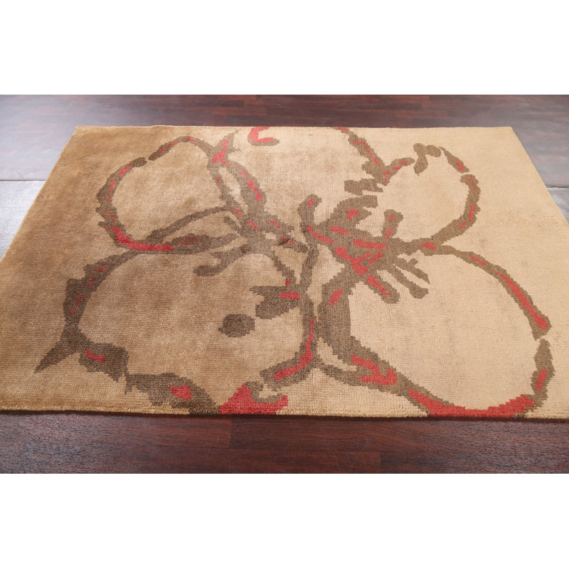 Tapis intérieur / extérieur abstrait contemporain noué à la main 5 x 7