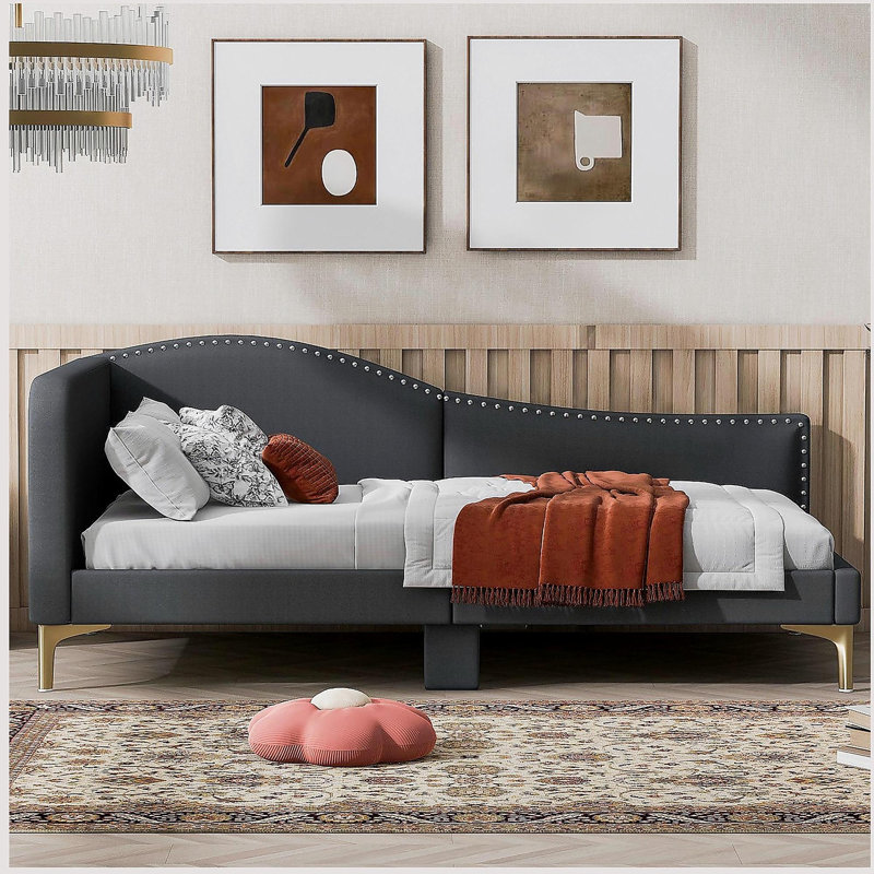 Lit de jour simple tapissier avec tête de lit et accoudoirs, pieds de support, gris, Twin