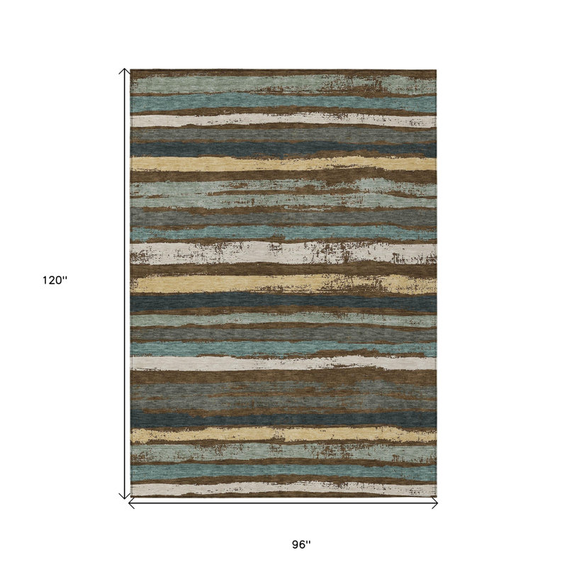 8' X 10' Brown Striped Washable Indoor Outdoor Area Rug