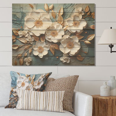 White And Gold Charming Spring Flower Elegance V - Flowers On Wood Print