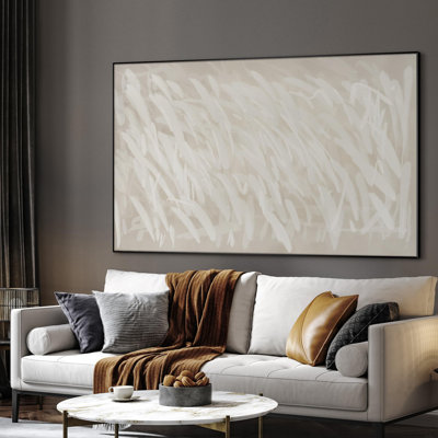 Extra Large Wall Art Fabric Print - White Brush Strokes on Beige Artwork Decor for Living Room or Bedroom - "Frame Assembly Required (Unfinished Frame)"