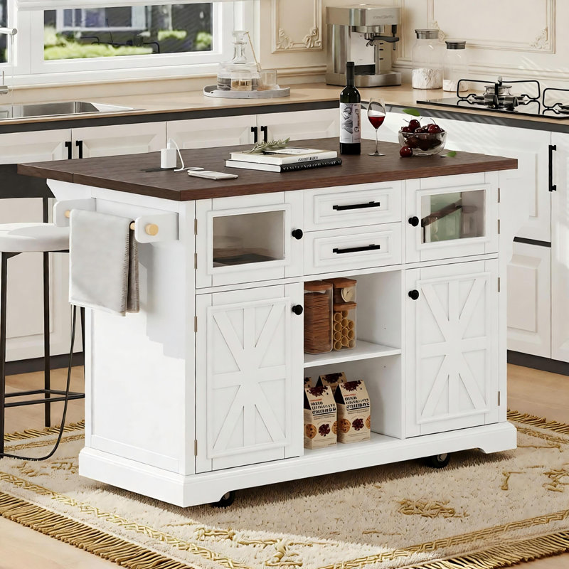 54.9" Kitchen Island With Drop Leaf, Power Outlet, Kitchen Storage Cart With 4 Door Shelves, Cross Barn Doors & Visual Glass Door, Rolling Kitchen Island On 4 Wheels For Kitchen, Dining Room,white
