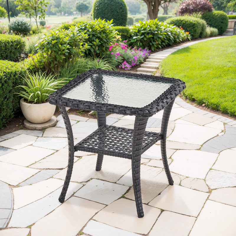 Outdoor Patio Brown PE Wicker Side Table With Glass Tabletop, Black