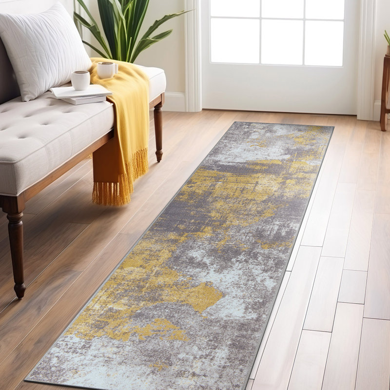 Tapis abstrait contemporain patiné antidérapant, Tapis de couloir 1 pi 10 po x 7 pi