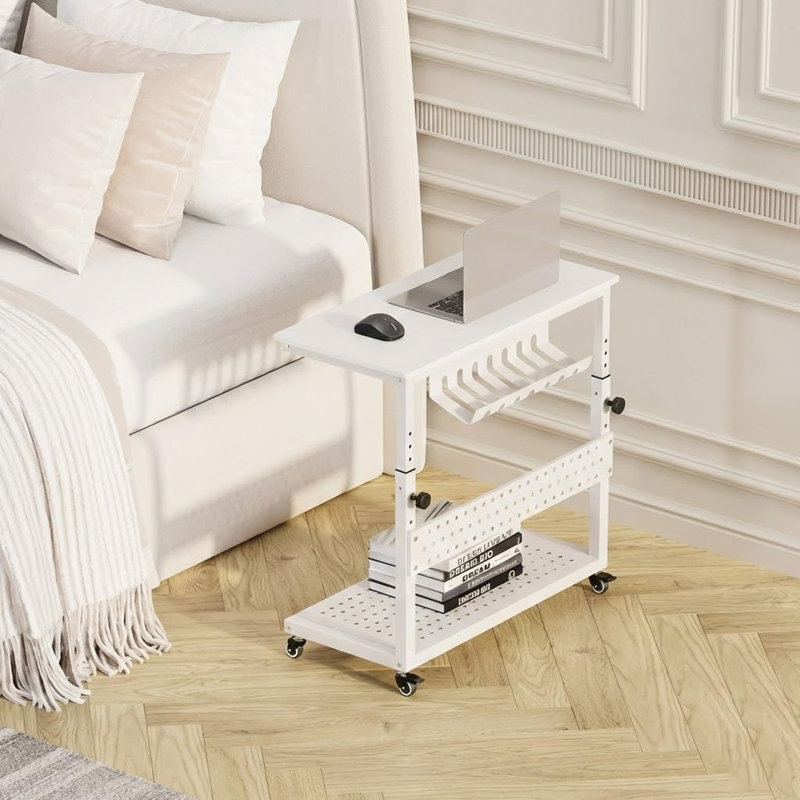 Support réglable pour PC avec roulettes, chariot à roulettes pour PC à 2 niveaux avec gestion des câbles, support de bureau d'ordinateur réglable en hauteur pour les jeux de bureau à domicile, blanc