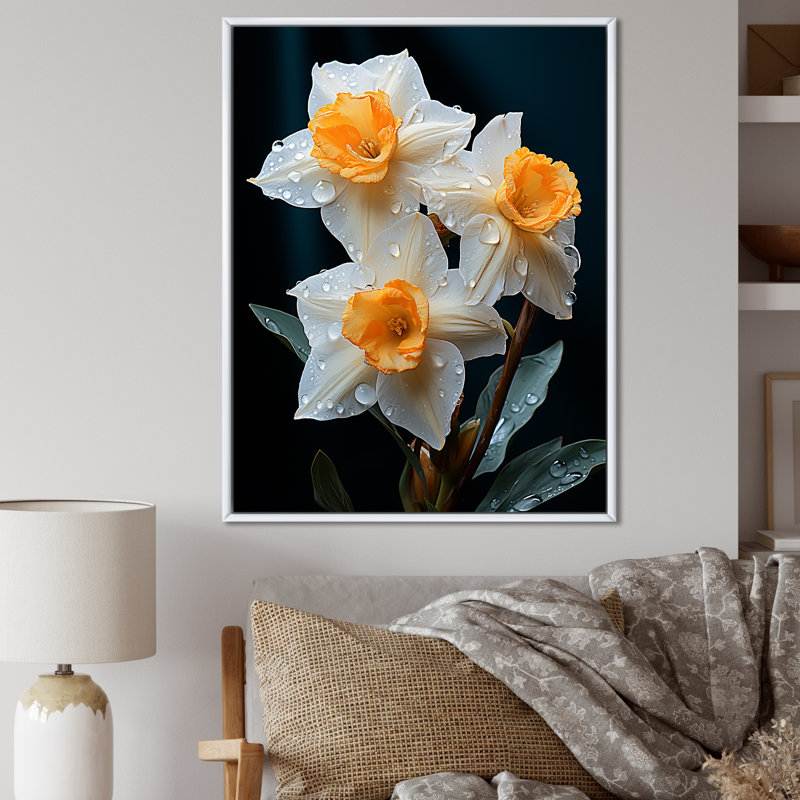 «Dewy Daffodils At Sunrise», reproduction d'art sur toile, 44" H x 34" W, Black Picture Framed