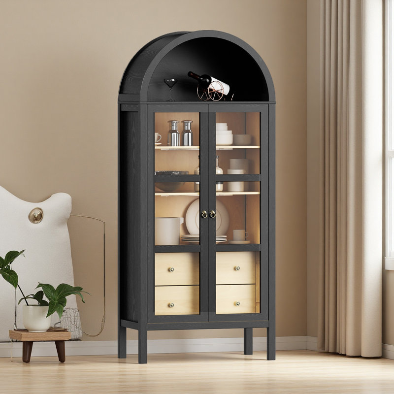 Modern Arched Cabinet With Glass Doors,72" Tall Auto Sensor Light Farmhouse Arch Storage Cabinet With Height Adjustable Shelf And 2 Drawers Display Bookshelf
