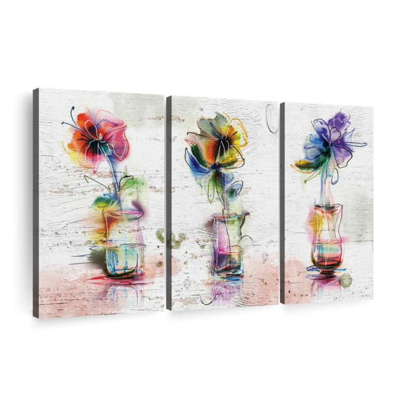 Rustic Colorful Flowers - 3 pièces, reproduction sur toile tendue, H 20 po x l 33 po x P 1,25 po
