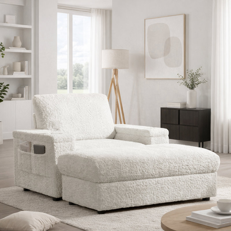 Méridienne simple surdimensionnée en fausse fourrure de lapin 42 po - Porte-gobelets, repose-pieds avec rangement, fauteuil-lit à siège profond