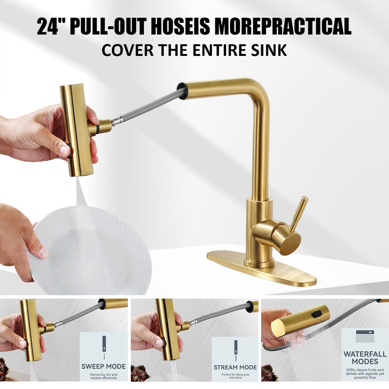Pull-Down Spray Kitchen Faucet, Waterfall Kitchen Faucet, 3 Modes (Waterfall/Stream/Spray), Deck-Mounted Kitchen Faucet, Gold