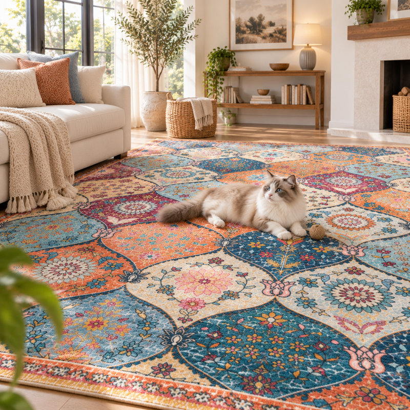Bohemian Area Rug, Vintage Floral Pattern Soft Fluffy Carpet for Living Room, Bedroom, Dining Room, Washable Durable Boho Home Decor