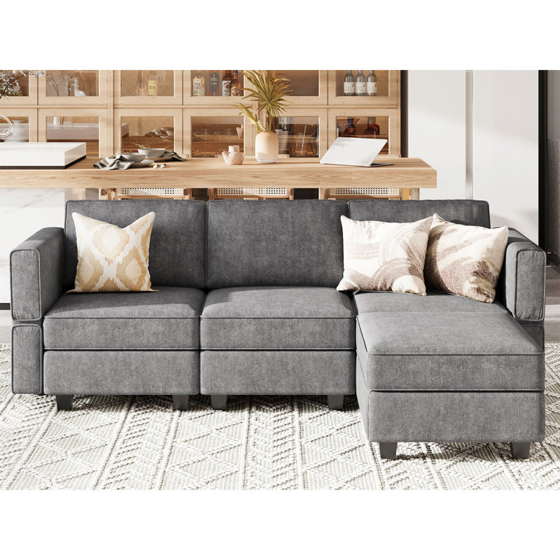 Nakash L-Shaped Sectional Modular Sofa with Storage Ottoman, Light Gray Microfiber
