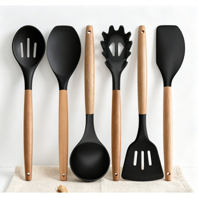 Ensemble d'ustensiles de cuisine en silicone de 6, ensemble d'ustensiles de cuisine avec poignée en bois résistante à la chaleur