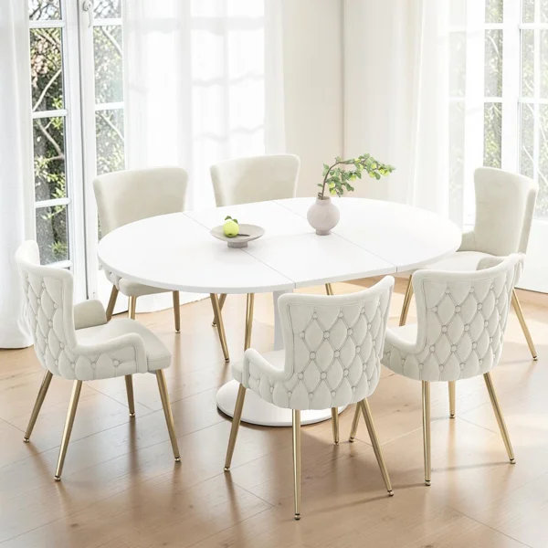Dining Chairs Set Of Upholstered Armchairs, Beige with gold leg, 6