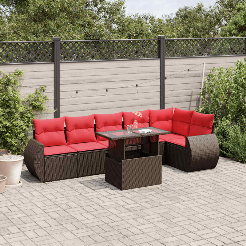 Ensemble de canapé de patio 7 pièces avec coussins en rotin de polyester, Rouge, Brun